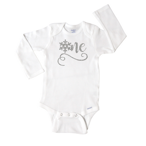 "One" with Snowflake - Short or Long Sleeve Onesie - Girl's First Birthday 510