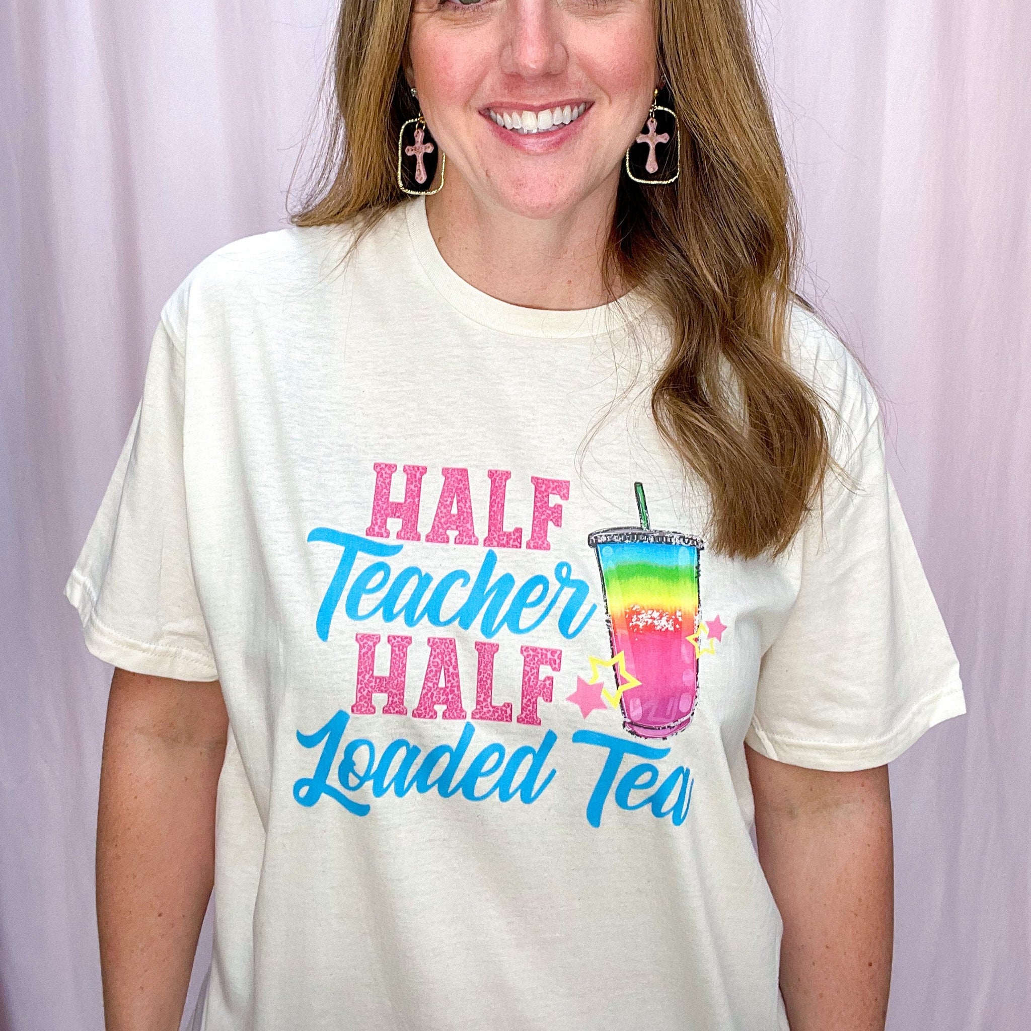 Half Teacher Half Loaded Tea, Nautral Bella Canvas Tshirt with Blue Text 725