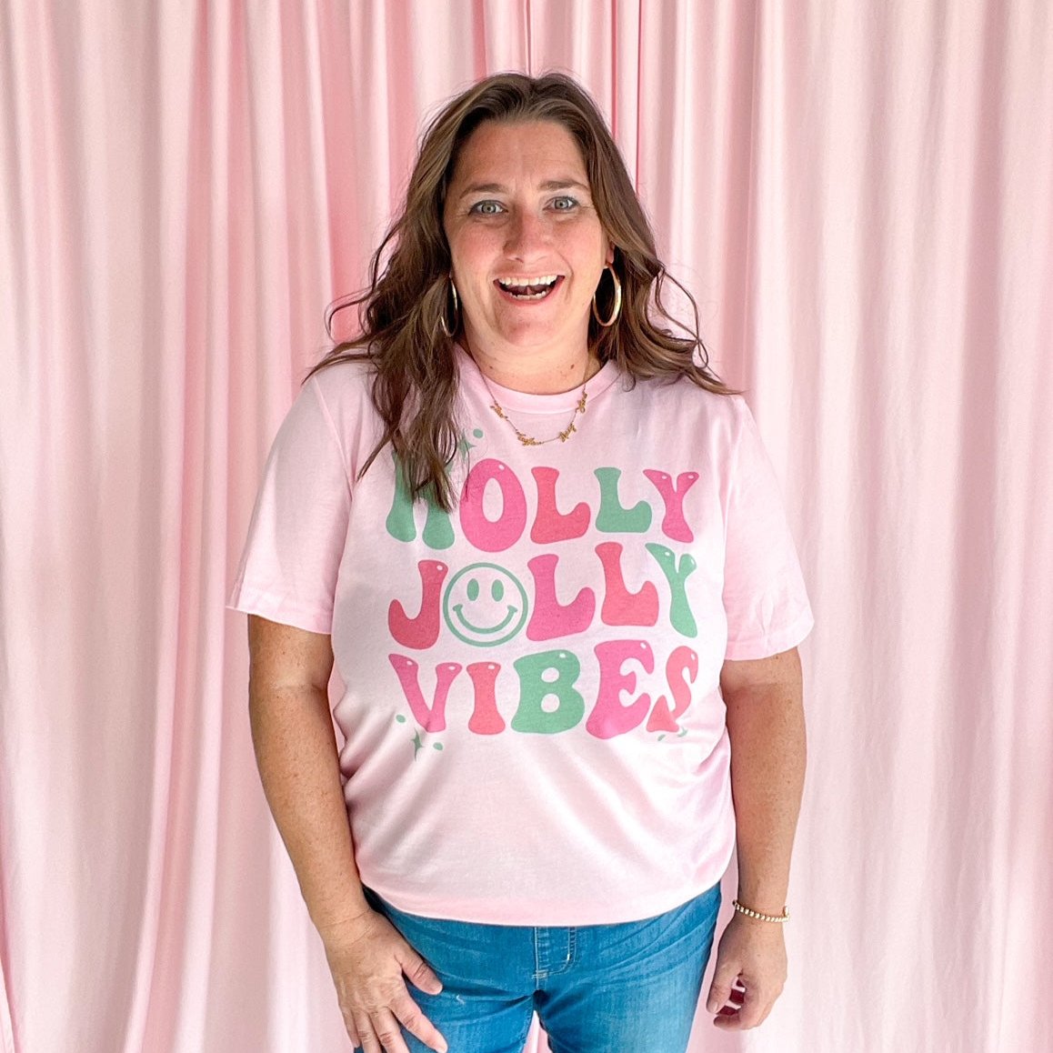 holly jolly vibes pink tshirt