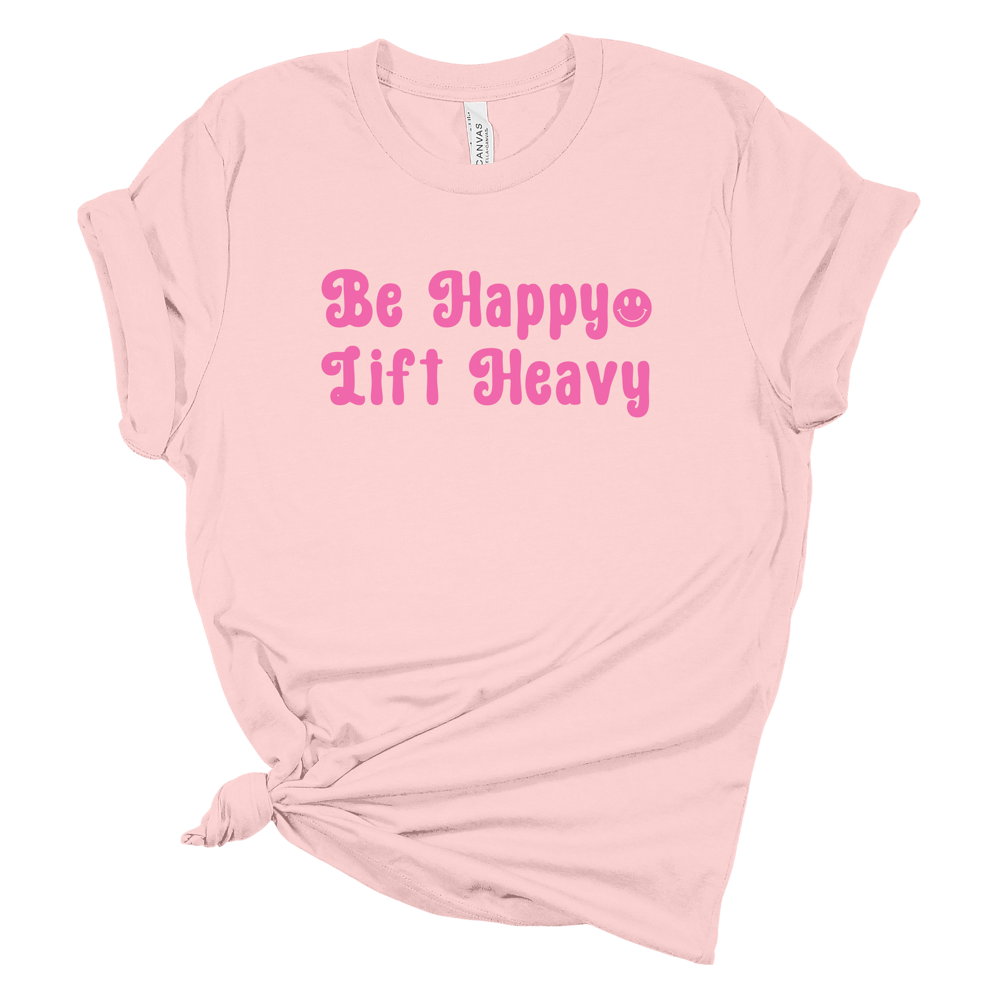 Be Happy Light Heavy Smiley - Light Pink Tshirt - Adult & Women's Gym Top - S003