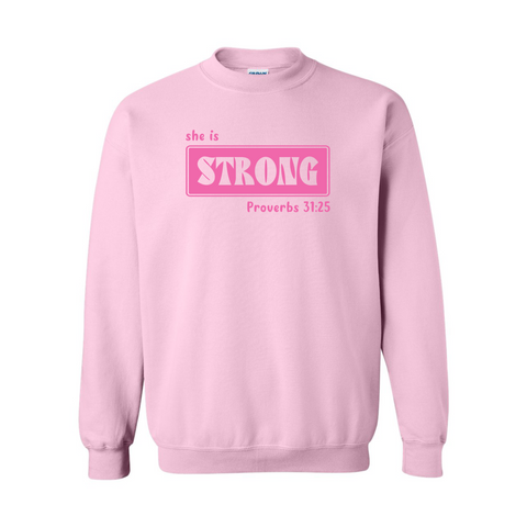 She Is Strong Proverbs 31:25 - Light Pink Sweatshirt - Adult & Women's Gym Top - S005