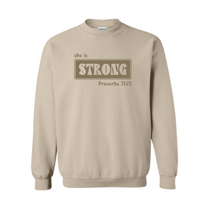 She Is Strong Proverbs 31:25 - Sand Sweatshirt - Adult & Women's Gym Top - S005