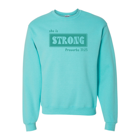 She Is Strong Proverbs 31:25 - Turquoise Sweatshirt - Adult & Women's Gym Top - S005