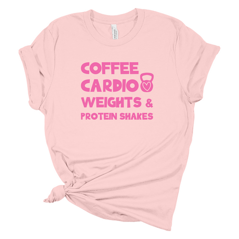 Coffee Cardio Weights and Protein Shakes - Light Pink Tshirt - Adult & Women's Gym Top - S006