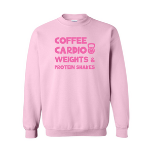 Coffee Cardio Weights and Protein Shakes - Light Pink Sweatshirt - Adult & Women's Gym Top - S006