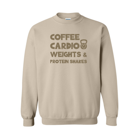 Coffee Cardio Weights and Protein Shakes - Sand Sweatshirt - Adult & Women's Gym Top - S006