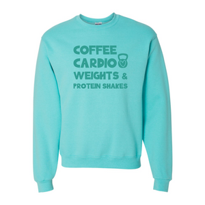 Coffee Cardio Weights and Protein Shakes - Turquoise Sweatshirt - Adult & Women's Gym Top - S006