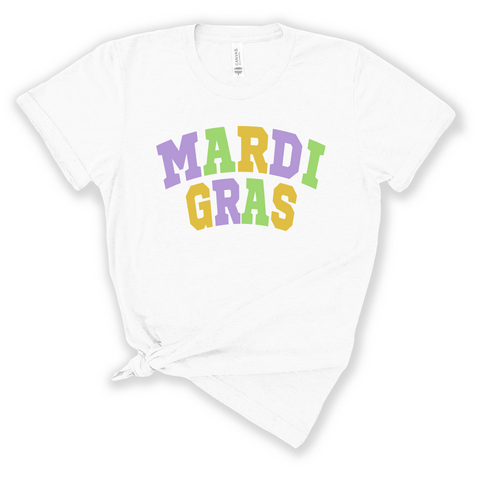 Mardi Gras Varsity 'Mardi Gras Collection' on a White Short Sleeve Tshirt Women's & Youth S027