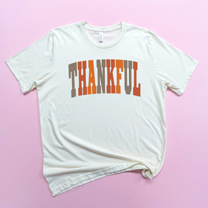 Thankful Varsity Letters Thanksgiving - Natural Color Tshirt - Women's S184