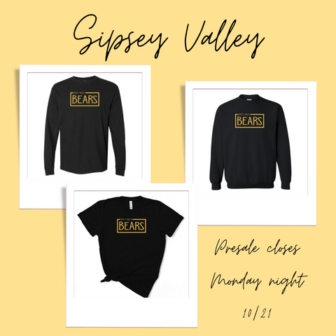 Sipsey Valley Bears Spirit Wear -  Box Design - Tshirt or Sweatshirt Black - Youth or Adult