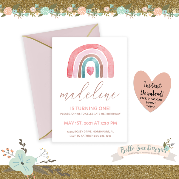 DIGITAL Girl’s First Birthday Party Invitation, Minimalist Pastel Pink Rainbow Party DIY at Home Printable 1st Bday Invite Template Download 001