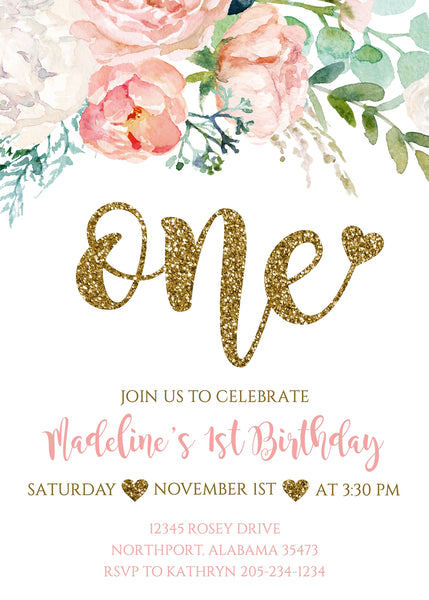 DIGITAL Girl’s First Birthday Party Invitation, One with Heart, Floral Pink Party DIY at Home Printable 1st Bday Invite Template Download 002
