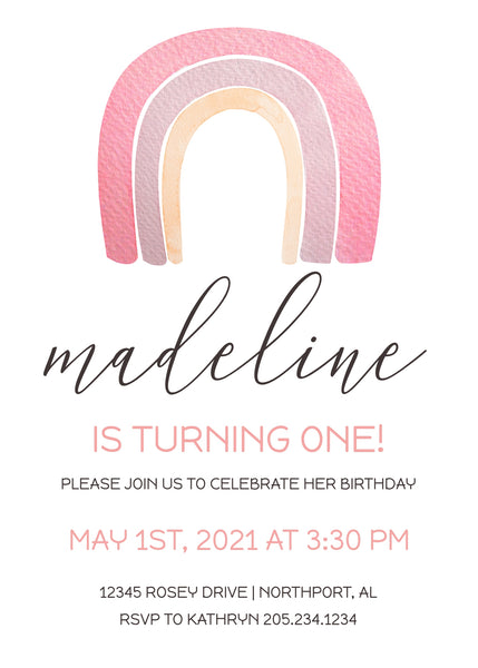 DIGITAL Girl’s Rainbow First Birthday Party Invitation, Minimalist Pastel Pink Party DIY at Home Printable 003