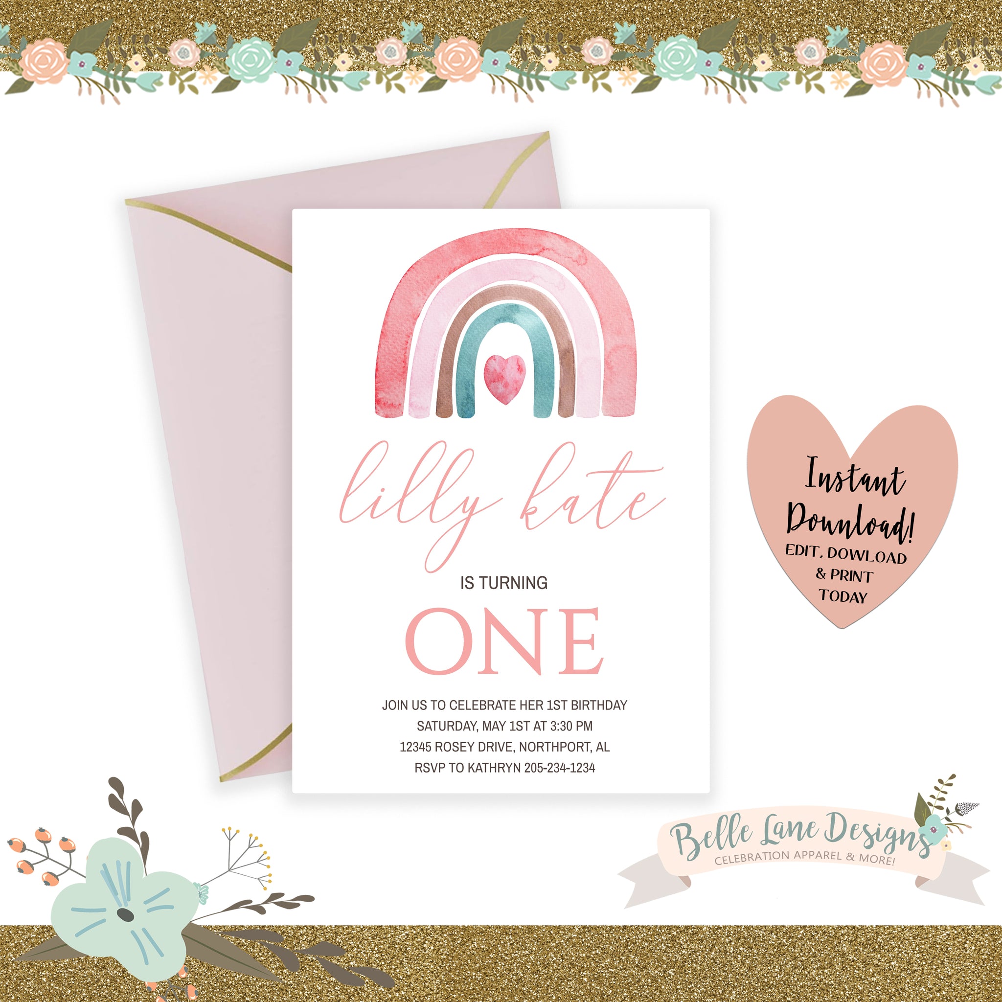 DIGITAL Girl’s Rainbow First Birthday Party Invitation, Minimalist Pastel Pink Party DIY at Home Printable 1st Bday Invite Download 004