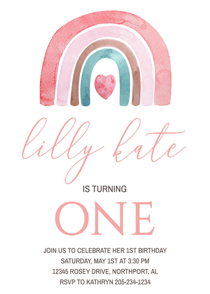 DIGITAL Girl’s Rainbow First Birthday Party Invitation, Minimalist Pastel Pink Party DIY at Home Printable 1st Bday Invite Download 004