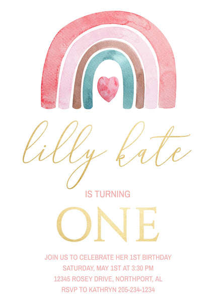 DIGITAL Girl’s Rainbow Gold First Birthday Party Invitation, Minimalist Pastel Pink Party DIY at Home Printable 1st Bday Invite Download 005