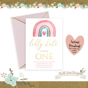 DIGITAL Girl’s Rainbow Gold First Birthday Party Invitation, Minimalist Pastel Pink Party DIY at Home Printable 1st Bday Invite Download 005