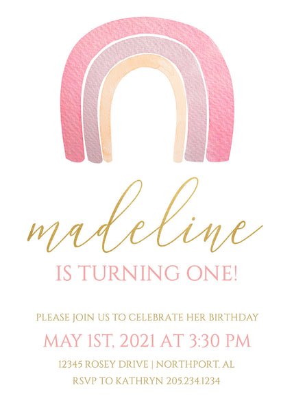DIGITAL Girl’s Rainbow Gold First Birthday Party Invitation, Minimalist Pastel Pink Party DIY at Home Printable 1st Bday Invite Download 006