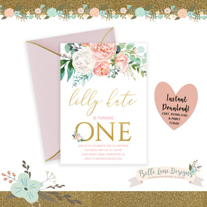 DIGITAL Girl’s Floral Gold First Birthday Party Invitation, Boho Flower Pastel Pink Party DIY at Home Printable 1st Bday Invite Download 007