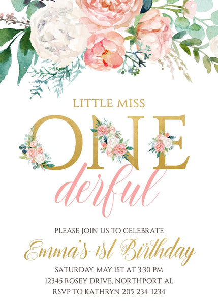 DIGITAL Girl’s Floral Onederful First Birthday Party Invitation, Flower Pastel Pink Party DIY at Home Printable Download 008