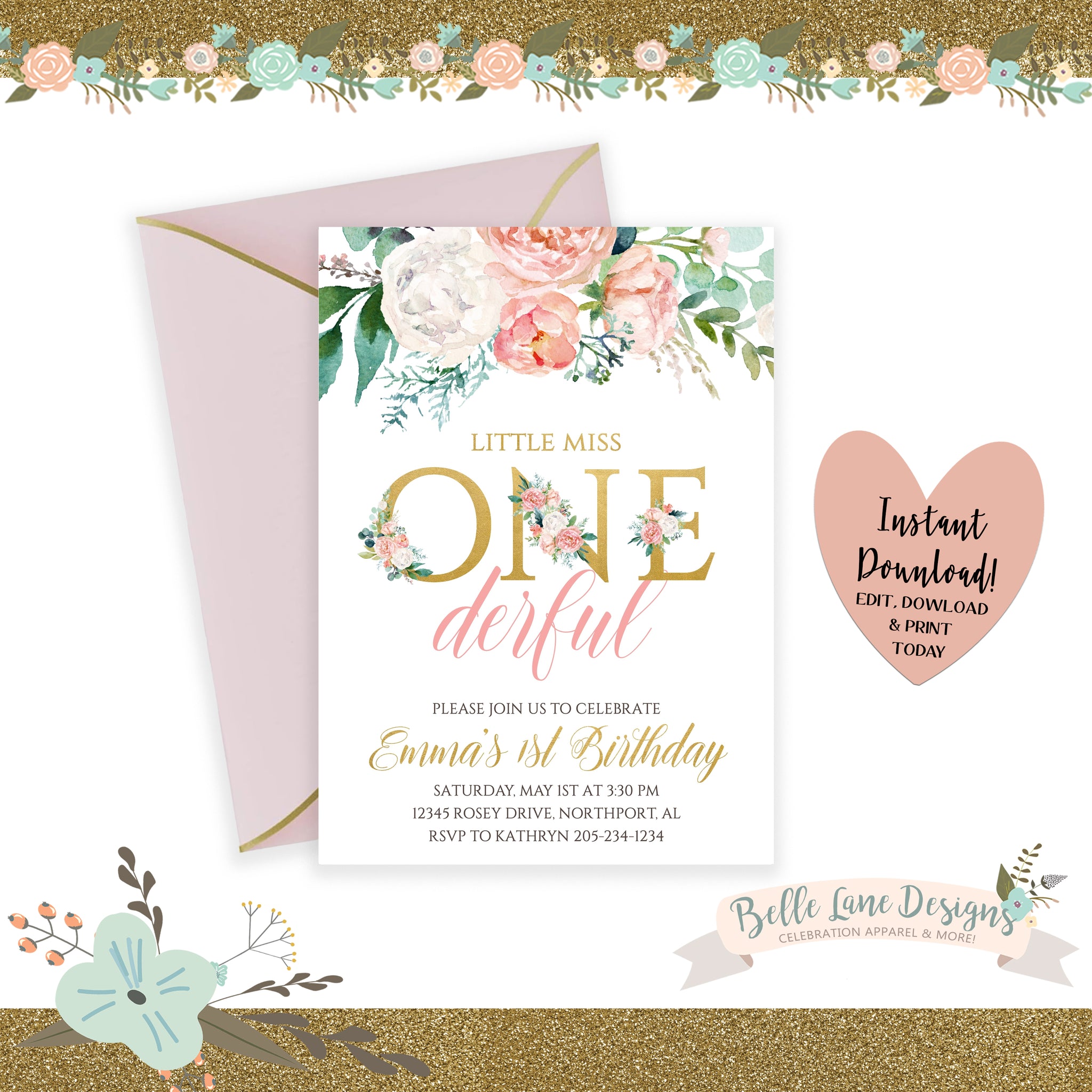 DIGITAL Girl’s Floral Onederful First Birthday Party Invitation, Flower Pastel Pink Party DIY at Home Printable Download 008