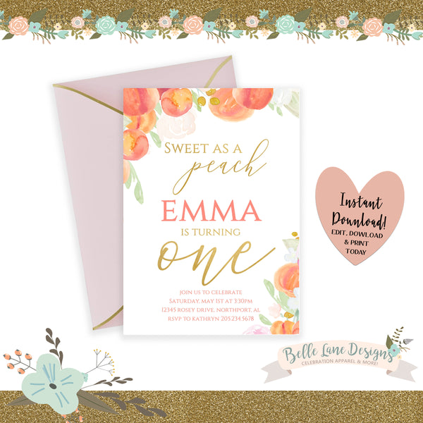 DIGITAL Girl’s Sweet As A Peach First Birthday Party Invitation Peaches Pastel Pink Party DIY at Home Printable 1st Bday Invite Download 009