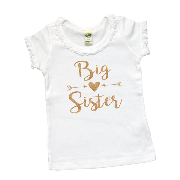 Big Sister with Arrows and Heart | Short Sleeve White Ruffle Shirt | Siblings, Girls | 032
