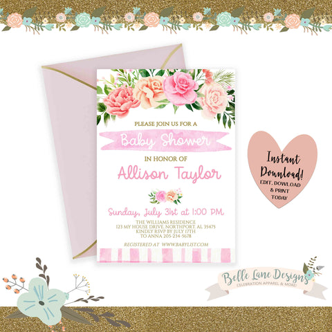 DIGITAL Baby Shower Invitation, It's A Girl, Sweet Baby Girl, Blush Pink Flower Pastel Party, DIY at Home Printable Invite Download 042