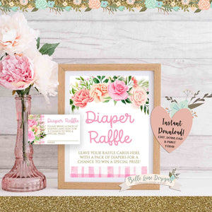 DIGITAL Baby Shower Diaper Raffle Sign and Card, Floral Blush Pink Boho Party, DIY at Home Printable Download 051 052