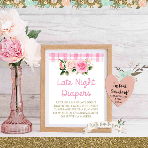 DIGITAL Baby Shower Late Night Diapers Sign, Floral Blush Pink Boho Party Games, DIY at Home Printable Download 048