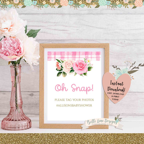 DIGITAL Baby Shower Oh Snap Social Media Hashtag Sign, Floral Blush Pink Boho Party, Tag Your Photos, DIY at Home Printable Download 050