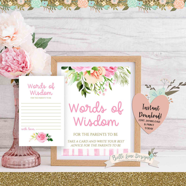 DIGITAL Baby Shower Words of Wisdom Sign, Floral Blush Pink Boho Party, DIY at Home Printable Download 051 052