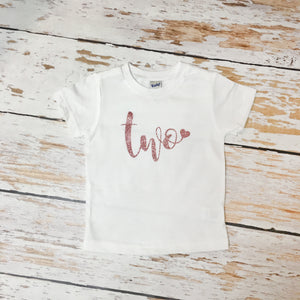 "Two" with Heart | White Short Sleeve Shirt | Girl's Second Birthday | 408