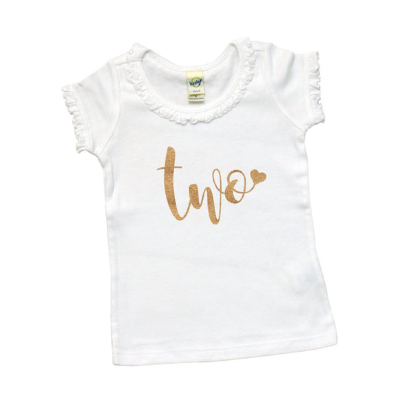 "Two" with Heart | Short Sleeve White Ruffle Shirt | Girl's Second Birthday | 408