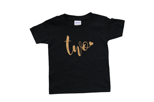 "Two" with Heart | Glitter Gold on Short Sleeve Black Shirt | Girl's Second Birthday | 408