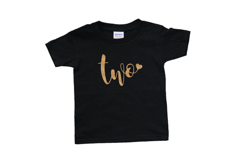 "Two" with Heart | Glitter Gold on Short Sleeve Black Shirt | Girl's Second Birthday | 408