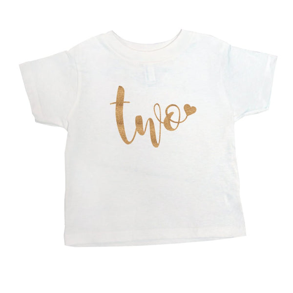 "Two" with Heart | White Short Sleeve Shirt | Girl's Second Birthday | 408