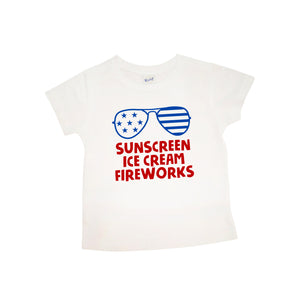 Sunscreen Ice Cream Fireworks with Sunglasses | White Short Sleeve Shirt | Fourth of July, Girls, Boys | 425
