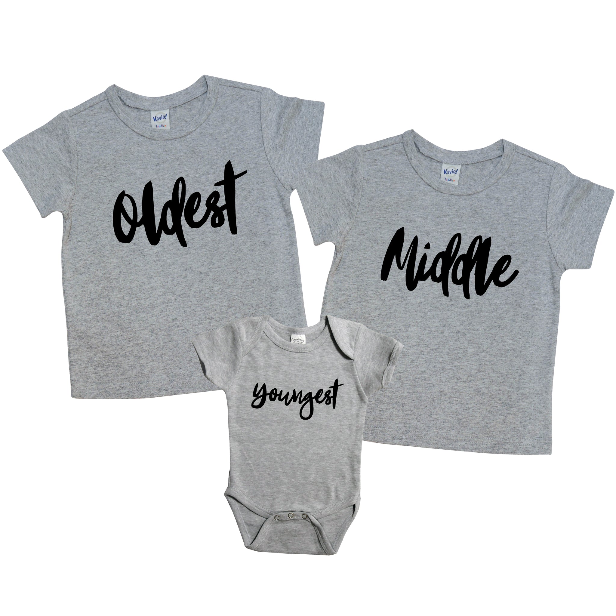 Oldest, Middle, and Youngest Shirt Set | Grey Short Sleeve Shirts and Grey Onesie | Boys, Girls, Pregnancy Announcement, Siblings | 450