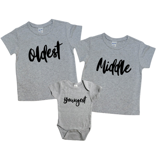 Oldest, Middle, and Youngest Shirt Set | Grey Short Sleeve Shirts and Grey Onesie | Boys, Girls, Pregnancy Announcement, Siblings | 450