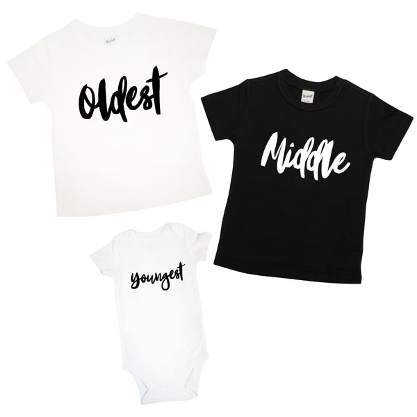 Oldest, Middle, and Youngest Shirt Set | White Short Sleeve Shirt, Black Short Sleeve Shirt, and White Onesie | Siblings, Girls, Boys, Pregnancy Announcement | 450