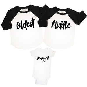 Oldest, Middle, and Youngest Shirt Set | Black and White Raglan Shirts and White Onesie | Siblings, Girls, Boys, Pregnancy Announcement | 450