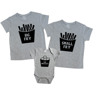Big Fry, Small Fry, and Lil Nugget | Oldest, Middle, and Youngest Shirt Set | Grey Short Sleeve Shirts and Grey Onesie | Boys, Girls, Pregnancy Announcement, Siblings | 479