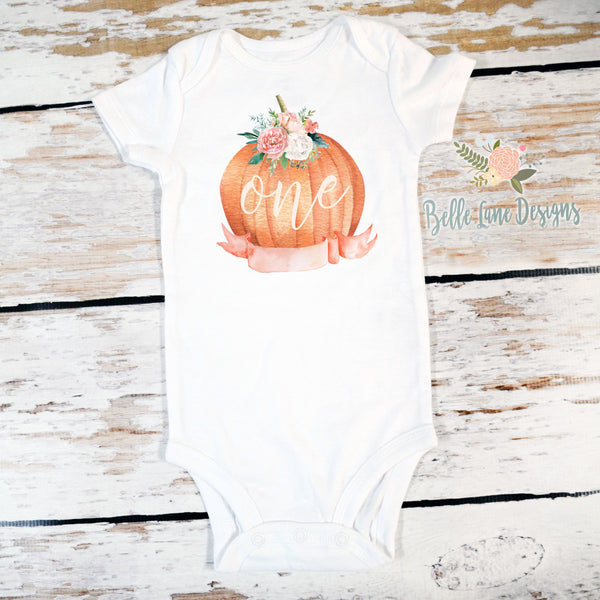 Pumpkin "One" | Short Sleeve Onesie or Shirt | Girl's First Birthday, Girls | 546