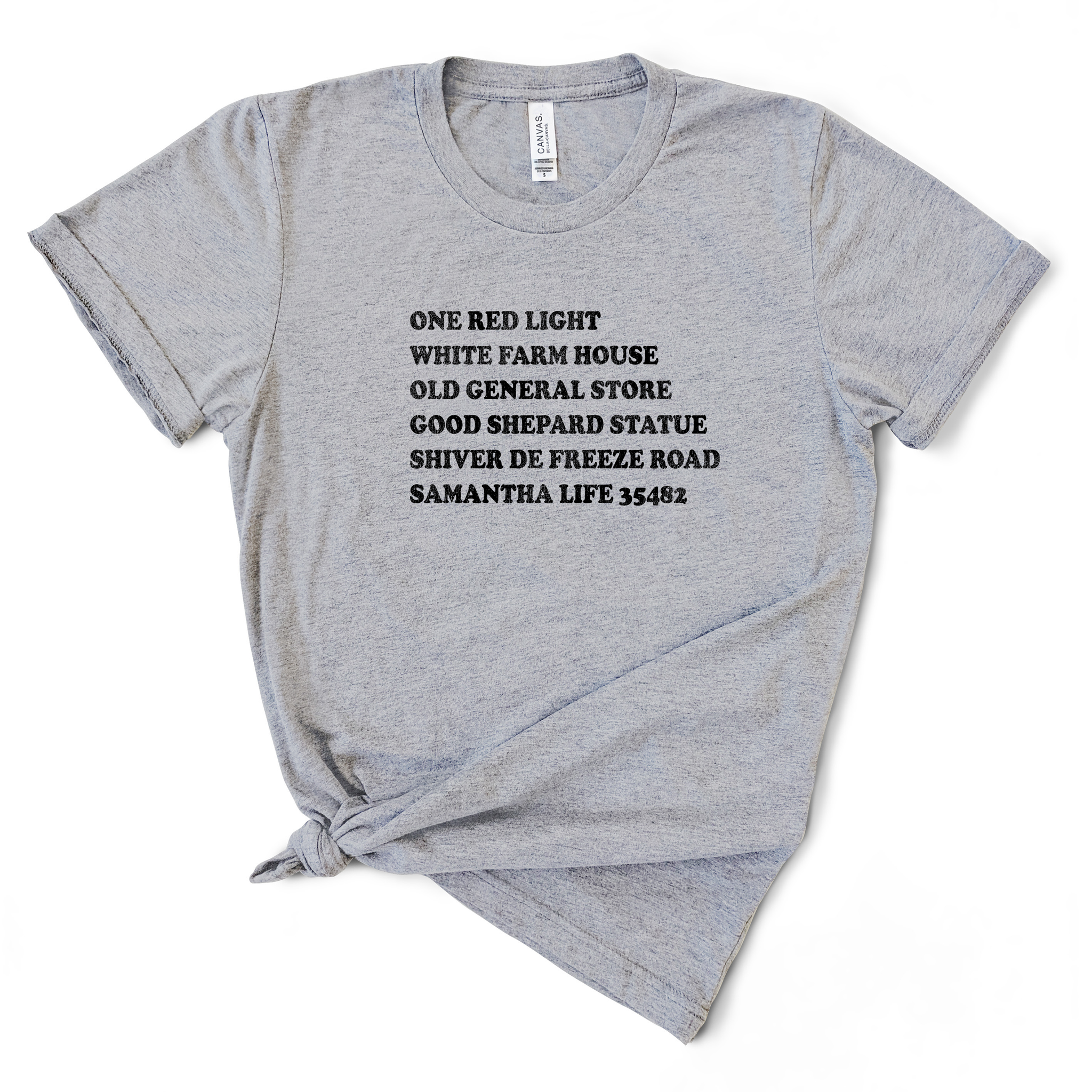 grey tshirt black text