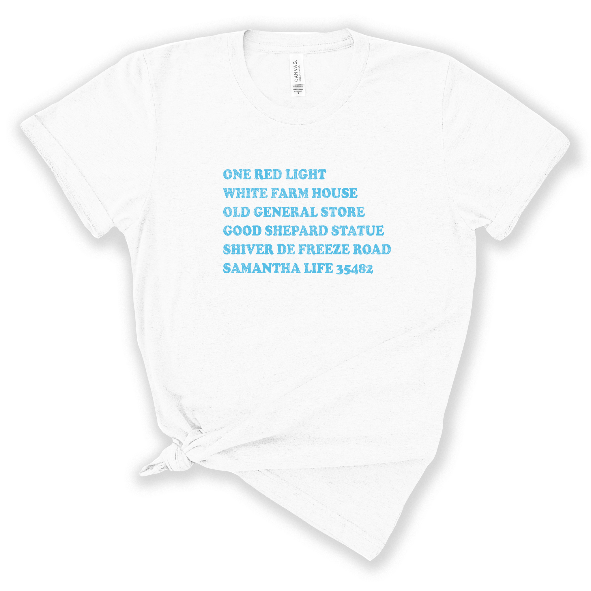 adult tshirt with and blue text
