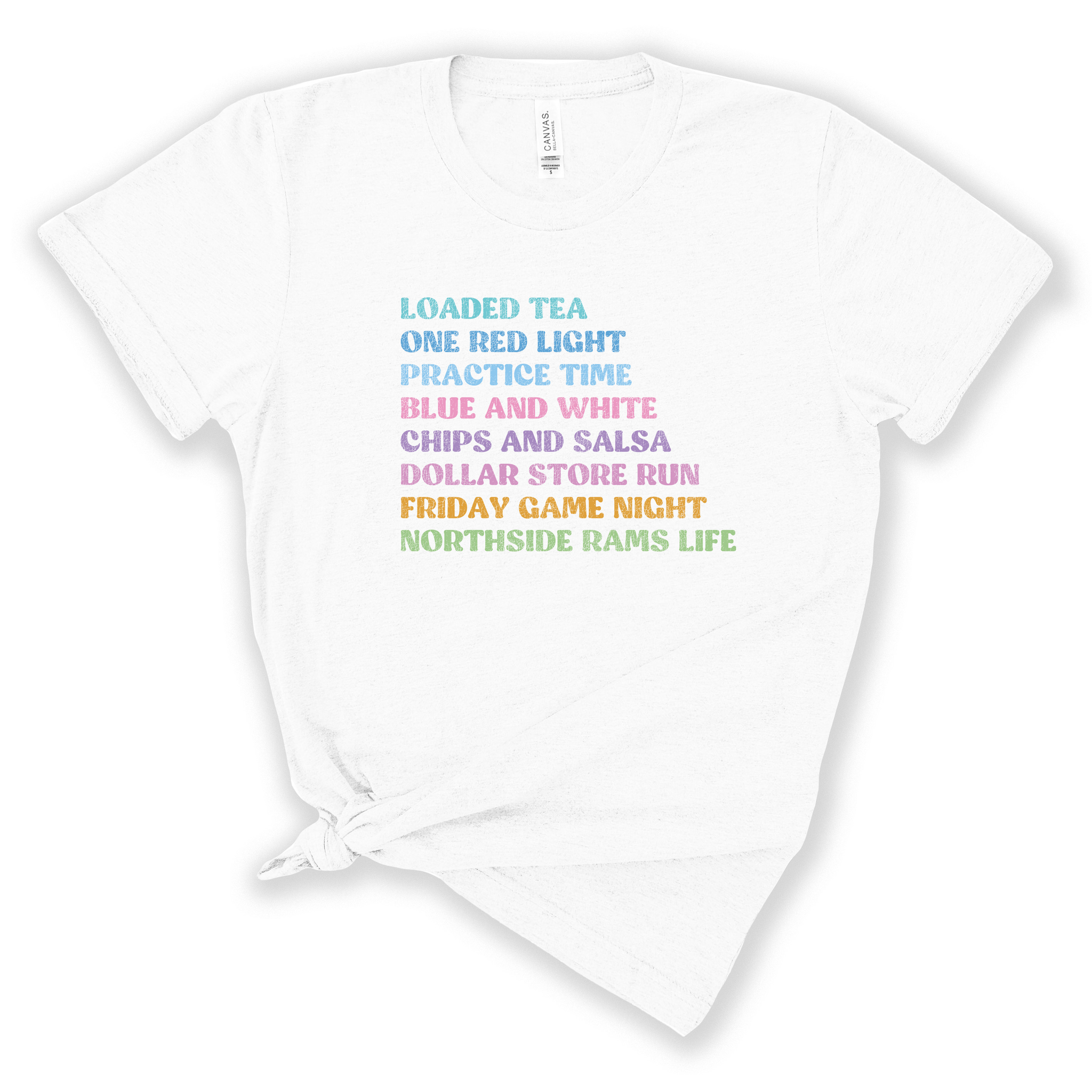white with pastel rainbow text