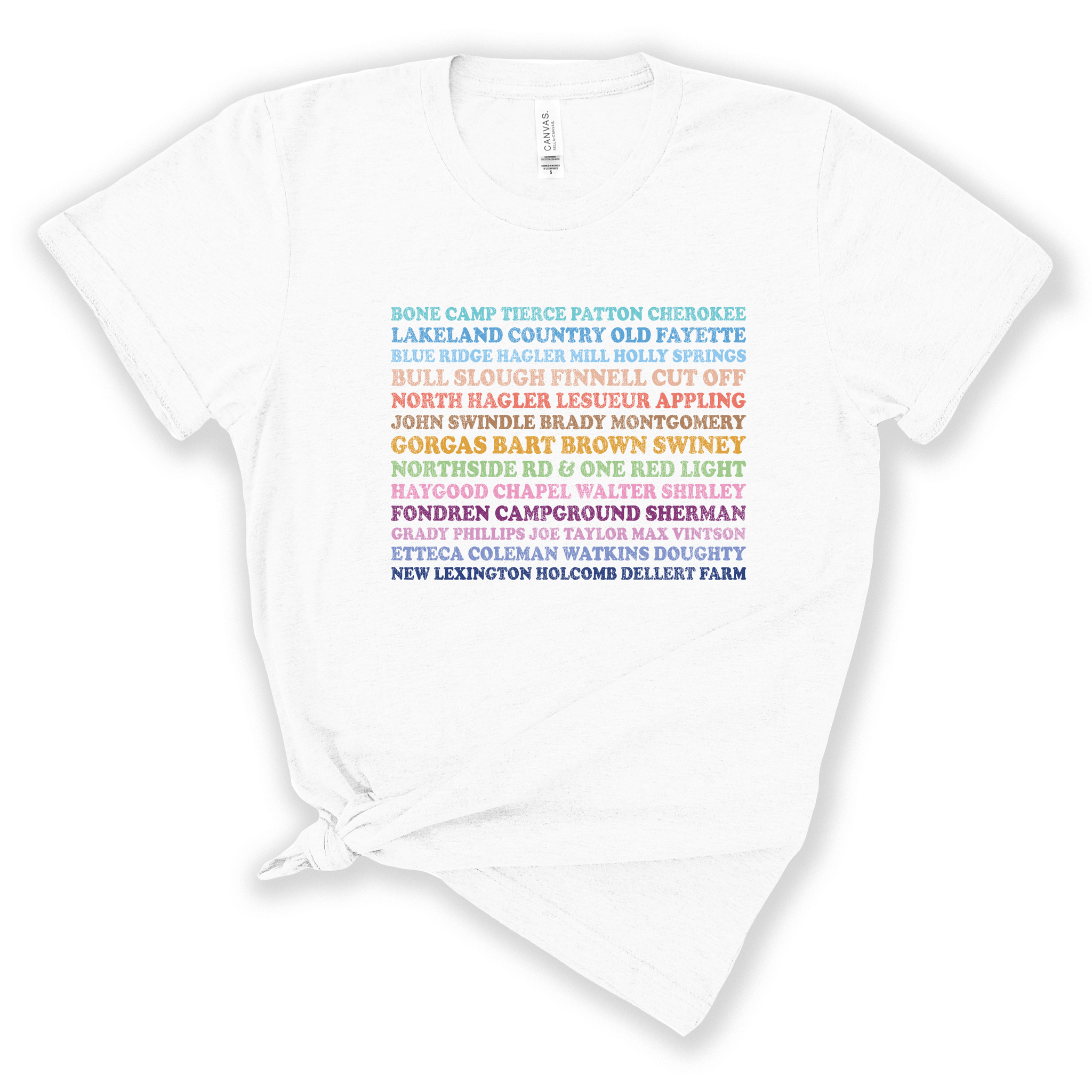 white with multi color text