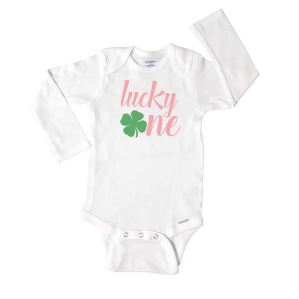 Lucky One First Birthday Girl, Pink Letters Saint Patrick's Day Onesie, Short or Long Sleeve 709