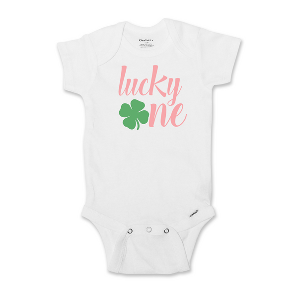 Lucky One First Birthday Girl, Pink Letters Saint Patrick's Day Onesie, Short or Long Sleeve 709